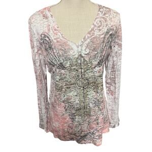 Y2K Rouge Burnout Top sz L Rhinestone Beaded Cross Sheer Fairy Goth Bling tshirt